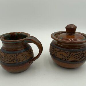 Vintage Signed Nick BLAISDELL POTTERY COVERED SUGAR BOWL AND CREAMER